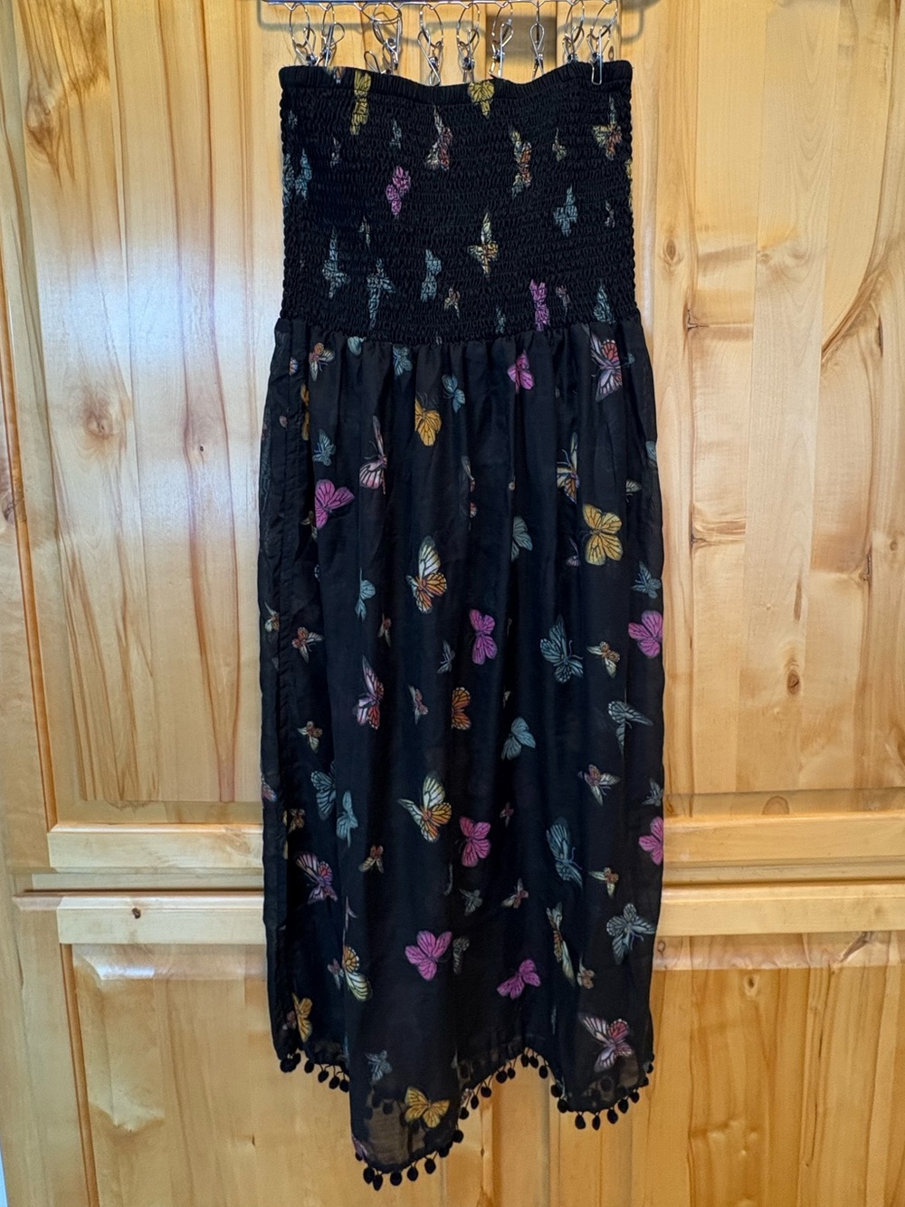 Butterfly Print Midi Dress/beach cover up with smocked top and sheer bottom